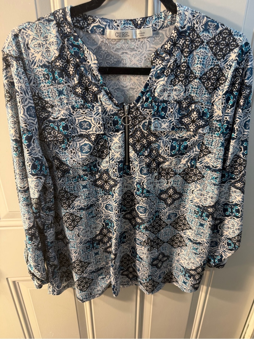 CURE Blue Mixed-Print Zip-Front Short Sleeve Top